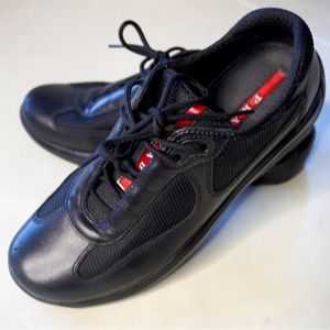 Authentic Prada America’s Cup Lace-up all black leather and mesh sneaker